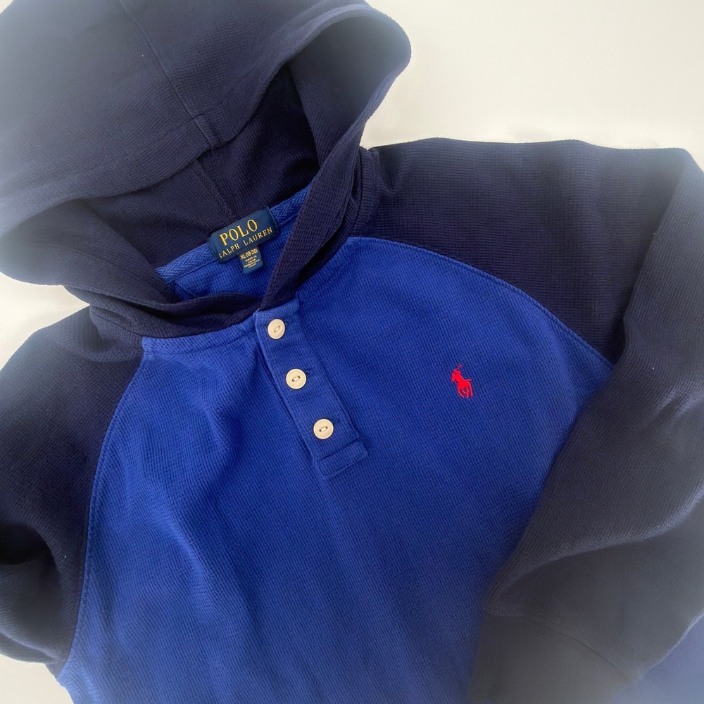 Polo Ralph Lauren Kids XL 18-20 Blue Waffle Knit Thermal Henley Hoodie
